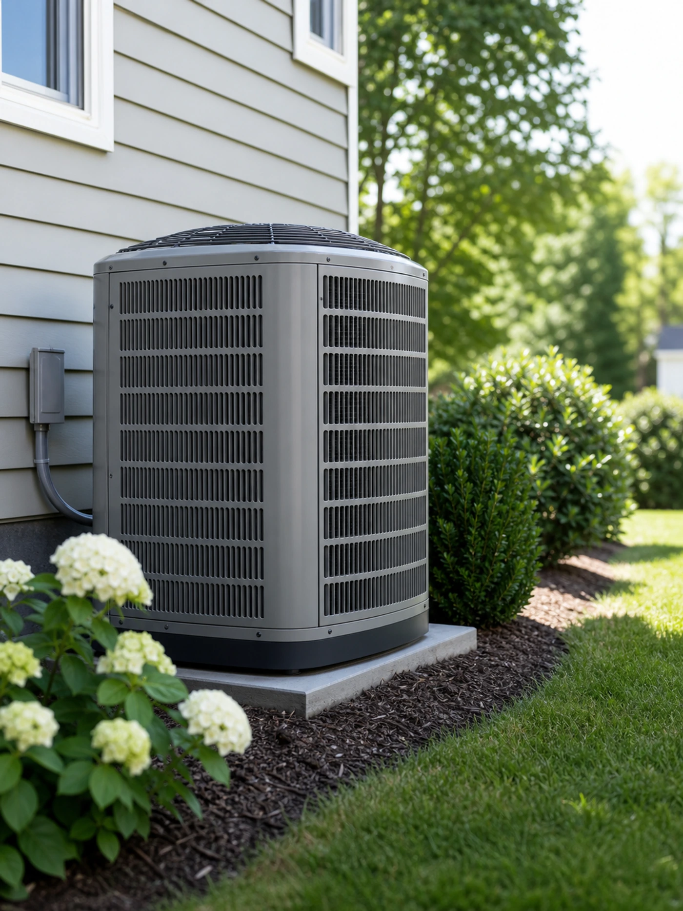 Outdoor residential air conditioning condenser in summer landscaping
