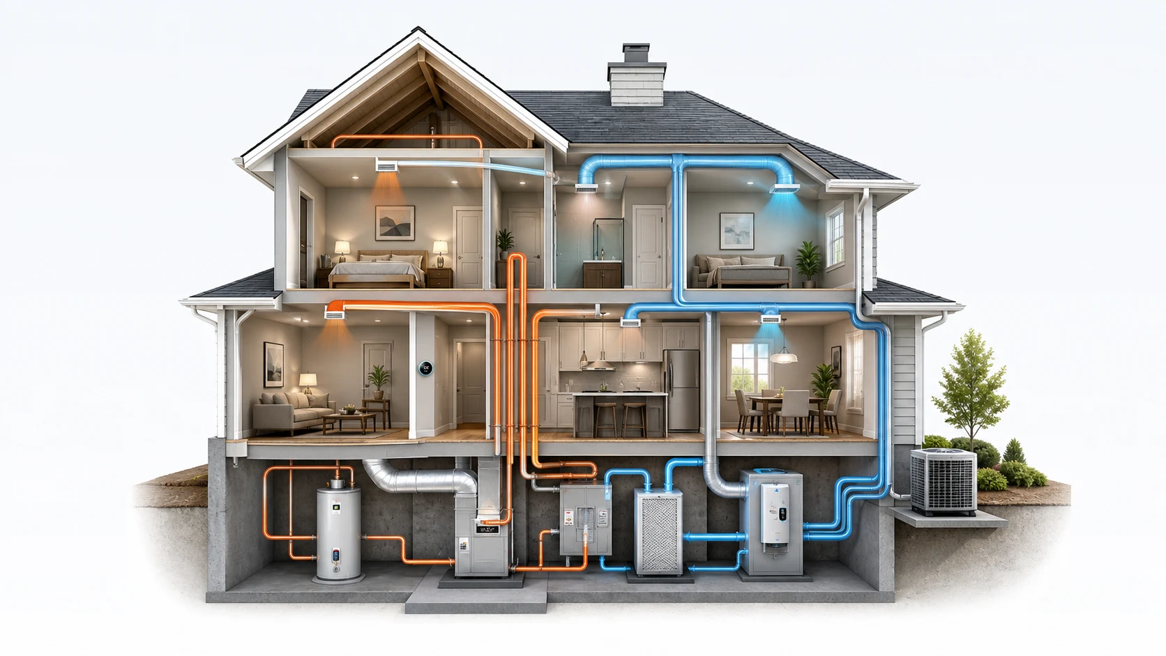 Cutaway home comfort system showing rooms, basement equipment, warm orange heating paths and cool blue airflow paths